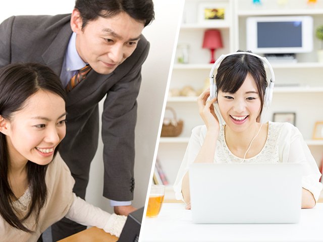 自宅でのオンライン学習と対面指導の様子を描いた、社会人のスキルアップ・リスキリングのイメージ