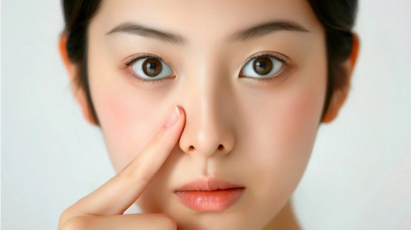 ヒアルロン酸注射の人気部位である鼻やほうれい線を指差し、肌のハリを確認している日本人女性のアップ