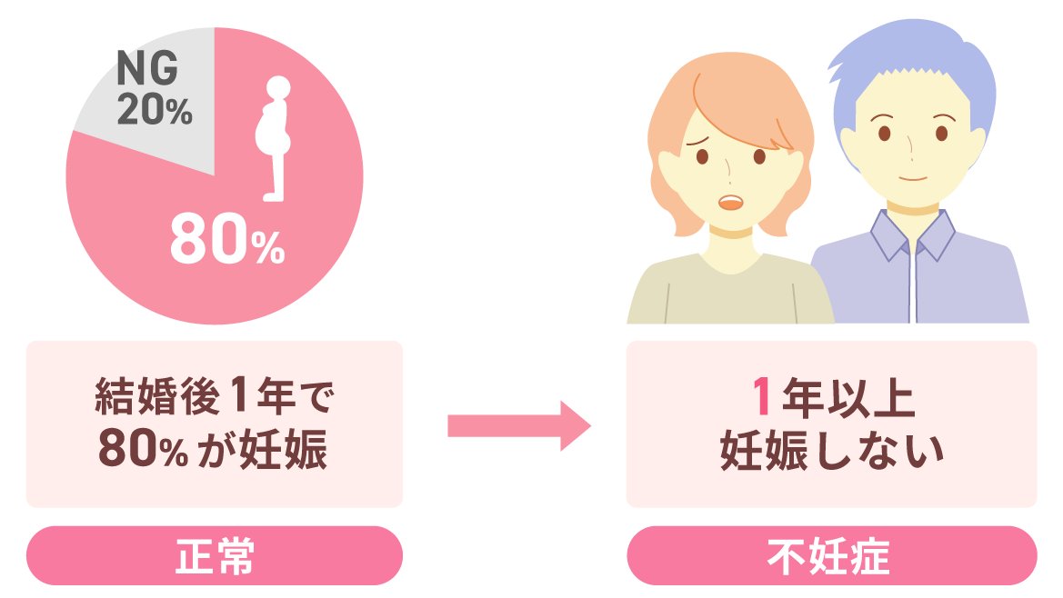 結婚後1年で妊娠しない不妊症の定義と確率（80％が妊娠）のグラフ