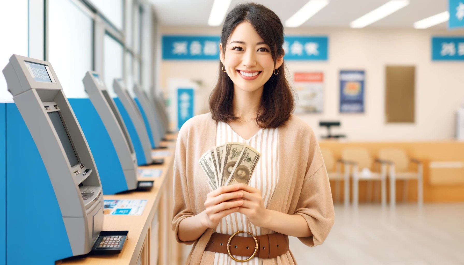 即日融資に対応したローンとATM利用イメージ：急な出費に現金を用意する女性