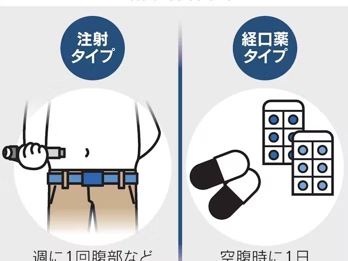 GLP-1ダイエット薬の投与タイプの比較イラスト。週に1回腹部に打つ注射タイプ（ウゴービ・オゼンピック）と、空腹時に飲む経口薬タイプ（リベルサス）