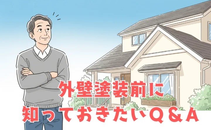 「外壁塗装前に知っておきたいQ&A」のアイキャッチ画像と住宅メンテナンスのイラスト
